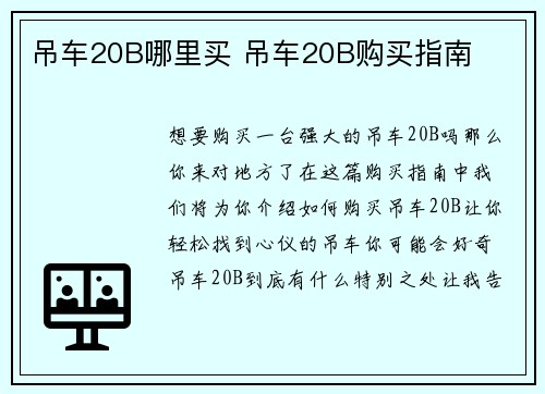 吊车20B哪里买 吊车20B购买指南