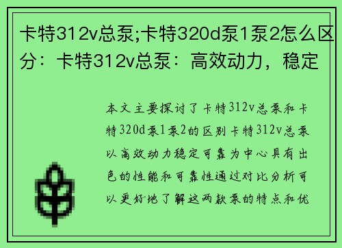 卡特312v总泵;卡特320d泵1泵2怎么区分：卡特312v总泵：高效动力，稳定可靠