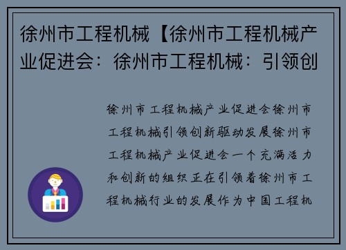 徐州市工程机械【徐州市工程机械产业促进会：徐州市工程机械：引领创新，驱动发展】
