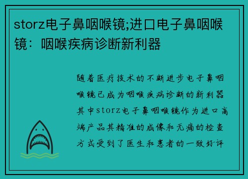 storz电子鼻咽喉镜;进口电子鼻咽喉镜：咽喉疾病诊断新利器